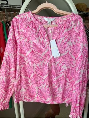 Lilly Pulitzer Pink White Printed Button Front Andina Top